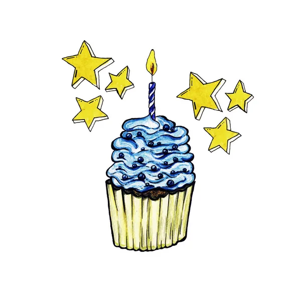 Cupcake with Blue Cream, Cake with One Candle, Pastry with Icing and Yellow Stars. Bakery isolated design. Happy Birthday Party Celebration, Gifts and Anniversary. Wedding Food