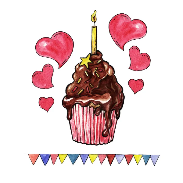 Cupcake Rosso Con Crema Cioccolato Torta Con Una Candela Pasticceria — Foto Stock