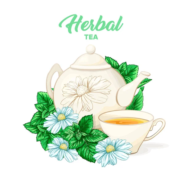 Gyógynövény Tea Kézzel Rajzolt Színes Illusztráció Kerámia Teáskanna Porcelán Csésze — Stock Vector