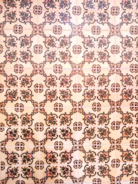 Mozaik karolar, Portekiz Azulejo klasik ve geleneksel. Kahverengi desenli duvar, Orta Çağ seramik fayans, miras. Boyalı panel yuvarlak bir geometrik desenli. Moritanya duvar