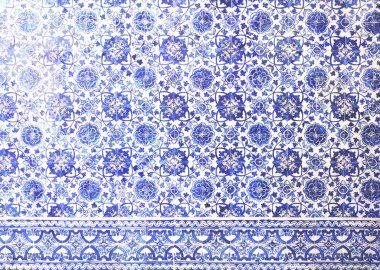 Mozaik karolar, Portekiz Azulejo klasik ve geleneksel. Mavi desenli duvar, Orta Çağ seramik fayans, miras. Boyalı panel yuvarlak bir geometrik desenli. Moritanya duvar