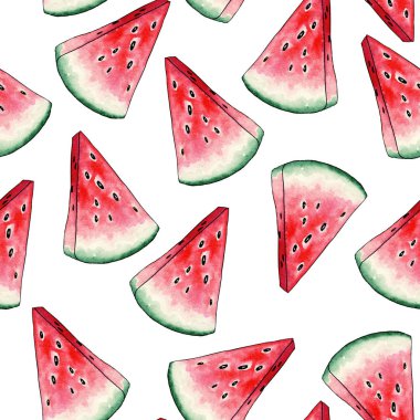 Kırmızı karpuz Dikişsiz desen beyaz zemin üzerine dilimler. Parlak yaz sulu meyve. Taze ve olgun adet tatlı bitki tohumları ile. Vejetaryen vitaminler ve diyet, moda tekstil tasarım parmak izi