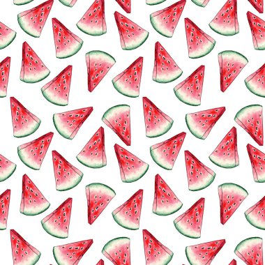 Kırmızı karpuz Dikişsiz desen beyaz zemin üzerine dilimler. Parlak yaz sulu meyve. Taze ve olgun adet tatlı bitki tohumları ile. Vejetaryen vitaminler ve diyet, moda tekstil tasarım parmak izi