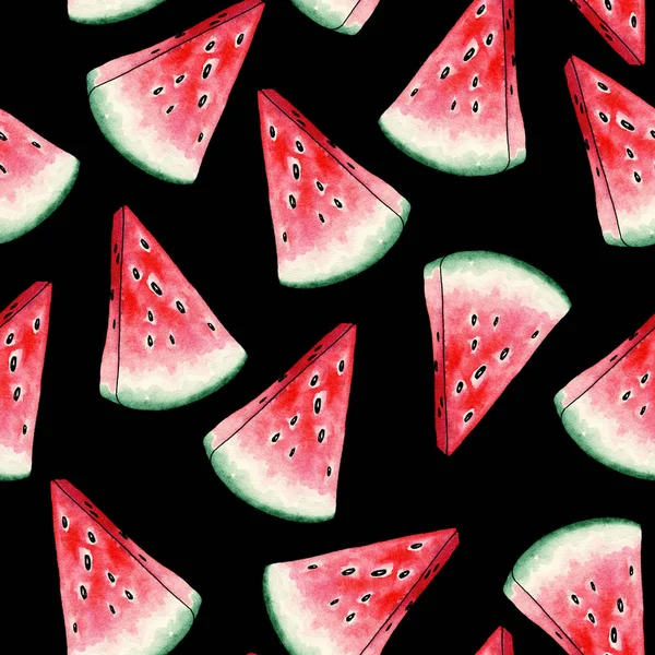 红西瓜片黑色背景无缝图案 夏季多汁水果的横断面 新鲜和成熟的甜植物种子 维生素服装印花设计 — 图库照片