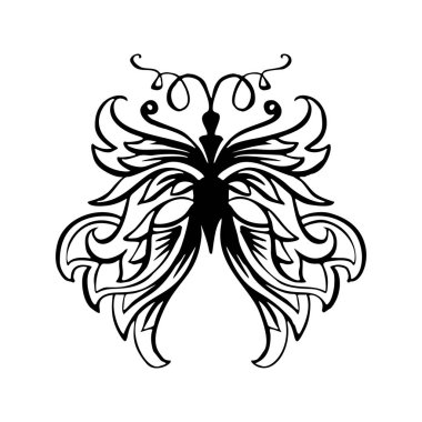 Kelebek boyama sayfası, kontur satır işaretçisi fırça yaptırın. Uçan el çekilmiş böcek. Curl süs ve dekorasyon ile. Poster, logo, tipografi tasarım öğesi. İzole vektör çizim