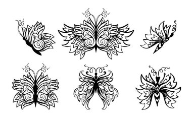 Kelebekler satır işaretçisi fırça seti kontur. Uçan böcekler çizilmiş koleksiyonu ver. Curl süs ve dekorasyon kelebekler. Poster, logo, tipografi tasarım öğeleri. İzole vektör çizimler