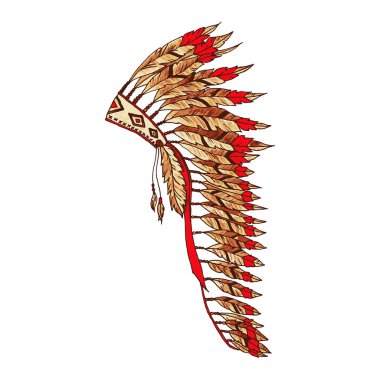 Amerikan Warbonnet sanat boyanmış. Kartal tüy şapka. Yerli Hint renkli aksesuar. Headdress gerçekçi çizim. Şükran günü ve Cadılar Bayramı Kostüm madde. Kırmızı ve bej amblemi, izole öğesi.