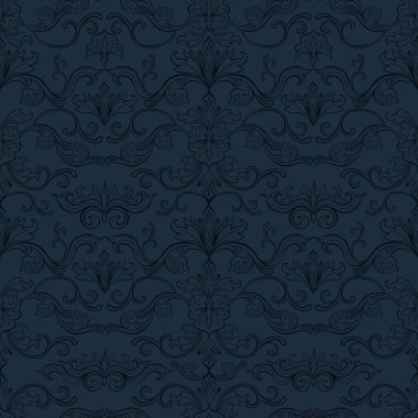 Damasko vektör Seamless modeli. Vintage tarzı duvar kağıdı, halı veya kağıt tasarım kaydırma. İtalyan Ortaçağ çiçek süsleri, Yunan çiçekler dokular için. Scrapbooking için Barok yaprakları.