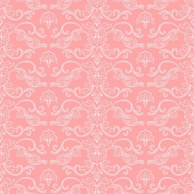 Damasko vektör Seamless modeli. Vintage tarzı duvar kağıdı, halı veya kağıt tasarım kaydırma. Pembe ve altın İtalyan Ortaçağ çiçek süsleri, Yunan çiçekler dokular için. Barok yaprakları