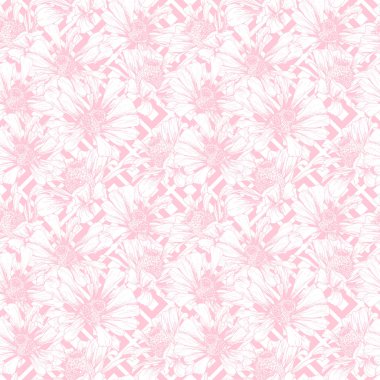 Sarma kağıdı tasarım romantik pembe Seamless modeli Sevgililer günü tatil için. Vektör kadınsı çiçek duvar kağıdı şablonu Helenium Autumnale çiçek