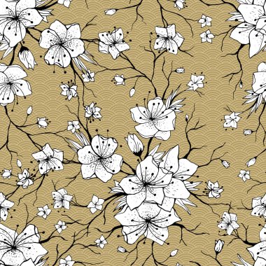 Japon Sakura şube ve çiçek çiçekler. Klasik Seamless modeli, geleneksel kimono kumaş, çiçek, yaylı Asya şenlikli tasarım vektör çizim, oryantal arka plan. Yazdırma için hazır.
