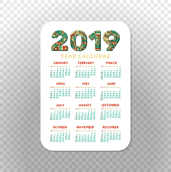 2019 Pocket Calendar Basic Grid Vector Vertical Orientation White Printable — Stock Vector