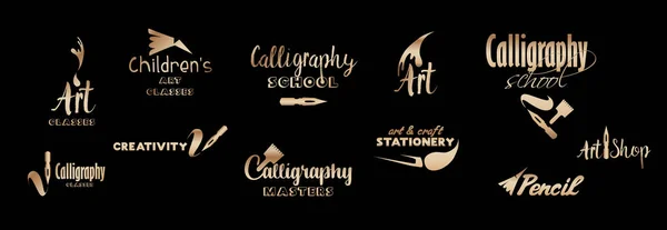 Clases Arte Juego Diseño Logotipo Letras Doradas Escuela Caligrafía Maestros — Vector de stock