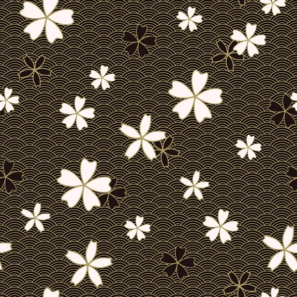 Clásico Japonés Sakura Vector Seamless Pattern Floral Color Negro Beige — Archivo Imágenes Vectoriales