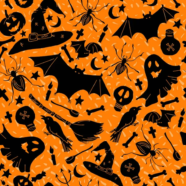 Modello Halloween Arancione Con Funghi Con Cappello Pipistrello Zucca Candele — Vettoriale Stock