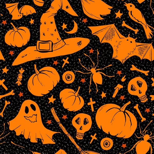 Oranje Halloween Patroon Met Paddenstoelen Met Hoed Knuppel Pompoen Kaarsen — Stockvector