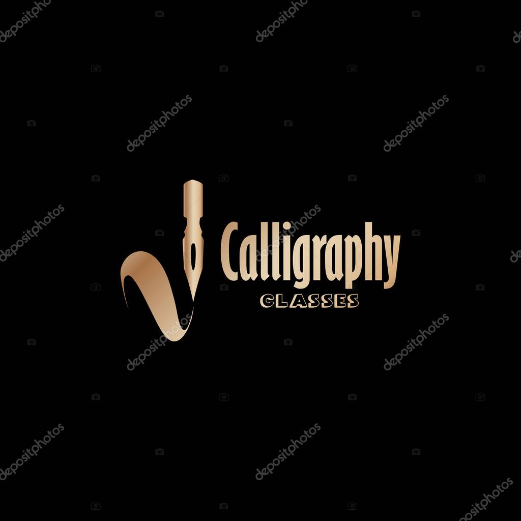 Art classes golden lettering logo design. Calligraphy online education and masters with bronze handdrawn fonts. Gold metal sign on black background. Creativity logotype. Isolated vector