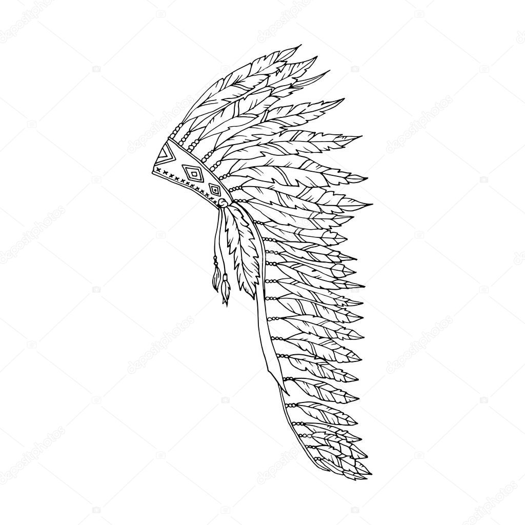 American Warbonnet Outline Drawing. Eagle Feather hat coloring page fashion accessory. Native Indian Headdress. Thanksgiving and Halloween Vector Costume Illustration.