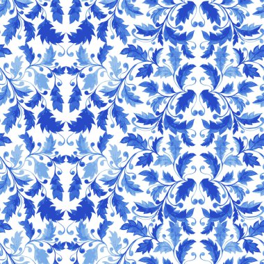Geleneksel mavi Portekiz Azulejo süsleme, yaprakları ile Seamless modeli bukleler ve stilize bitki örtüsü.