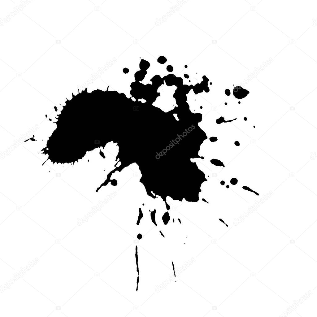 Ebony ink blob. Black blotch on white background. Ink splatter with droppings. Black paint spilled drop cover and textile design element. Paint blob. Inkblot on paper. Isolated  illustration