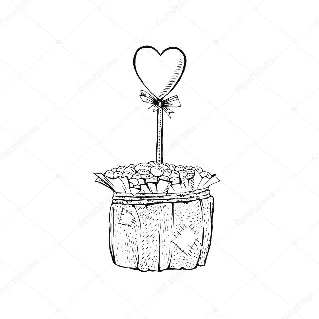 Coffee pot with heart on stick. Sketch monochrome illustration. Handmade coffee beans pot with heart. Valentines Day gift concept. Love day postcards and advertising line art design. Isolated