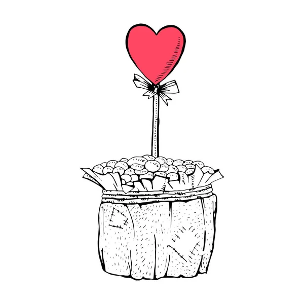 スティックに赤いハートのコーヒー ポット モノクロ イラストをスケッチします 心で手作りのコーヒー豆の鍋 バレンタインデーのギフトの概念 はがきラインのアート デザインの日が大好きです 分離ベクトル — ストックベクタ