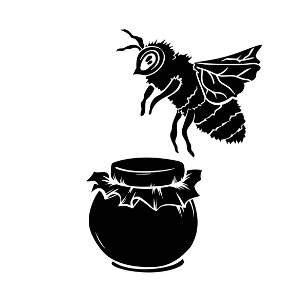 Zwarte Bee Kruik Van Honing Wit Vectorillustratie — Stockvector