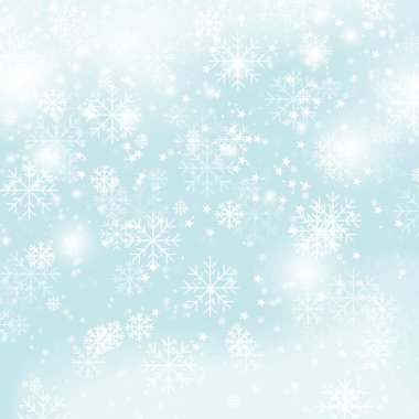 Kış kar taneleri desen, mavi arka planda Noel kar