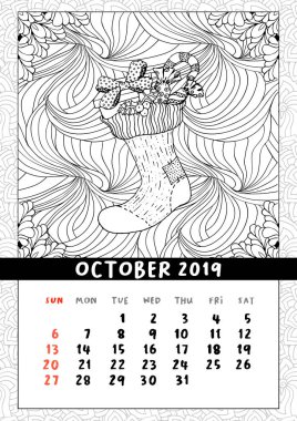 Hediyeler ile Noel çorap, Takvim Ekim 2019