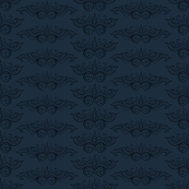 Koyu mavi arka planda siyah swirls ile damask Dikişsiz desen