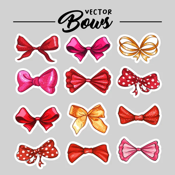Pegatinas de arco de regalo o parche dibujado a mano vector ilustraciones conjunto — Vector de stock