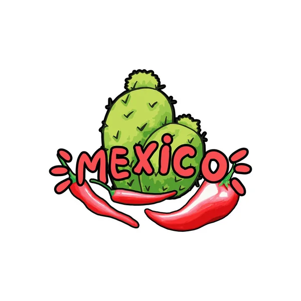 Mexikanischer Schriftzug mit grünen Buchstaben und rotem Pfeffer. isoliertes Logo-Design — Stockvektor