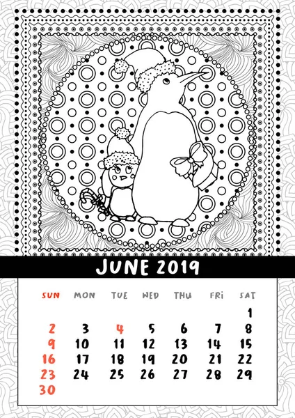 Pingüino de Navidad con regalo, calendario junio 2019 — Vector de stock