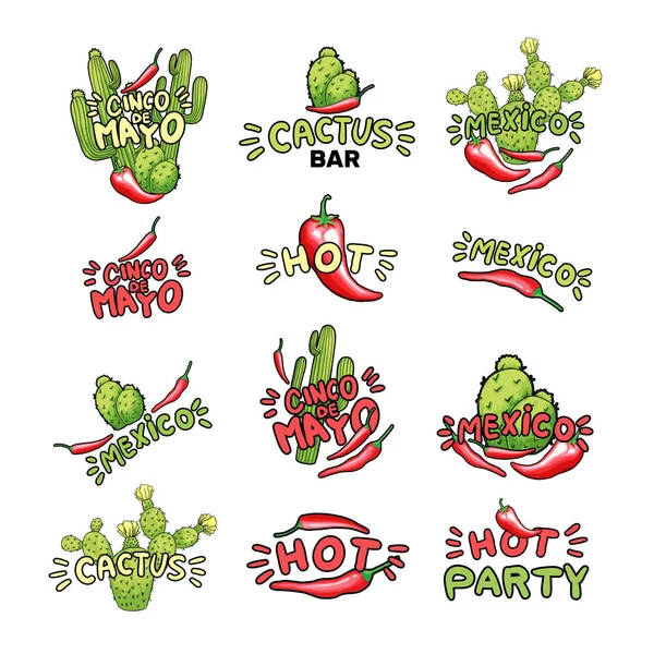 Kaktus und Chilipfeffer handgezeichnete Illustrationen Set — Stockvektor