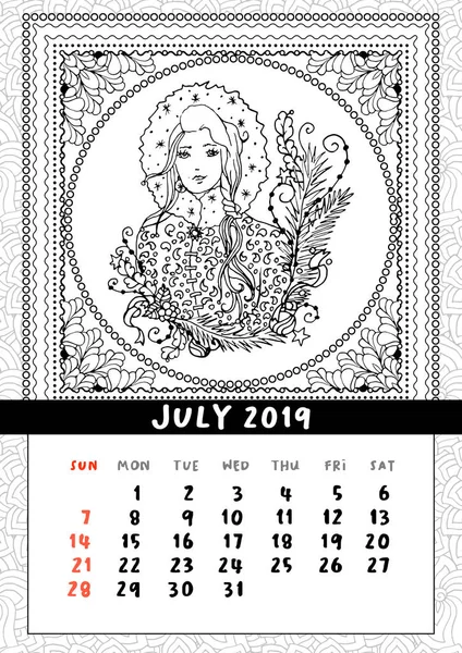 Snow Maiden da colorare pagina del libro, calendario luglio 2019 — Vettoriale Stock