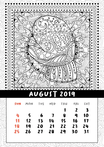Mitón con patrón de garabatos escenográficos, calendario agosto 2019 — Vector de stock