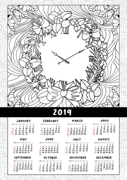 2019 Wall ημερολόγιο με στεφάνι και ρολόι. — Διανυσματικό Αρχείο