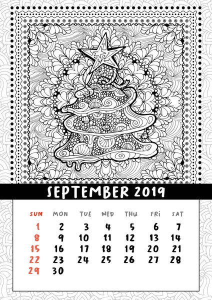 Kerstboom doodle patroon, kalender september 2019 — Stockvector