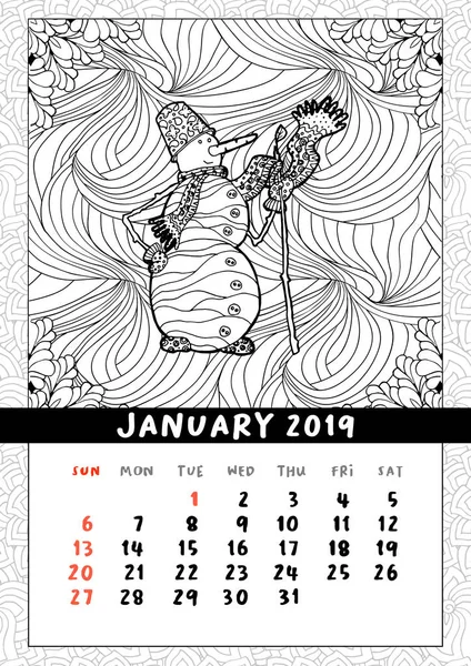 Muñeco de nieve en estilo doodle, calendario enero 2019 — Archivo Imágenes Vectoriales