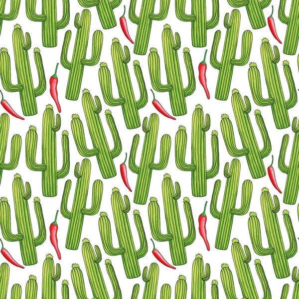 Green cactuses and red chili cartoon seamless pattern — Stock Vector