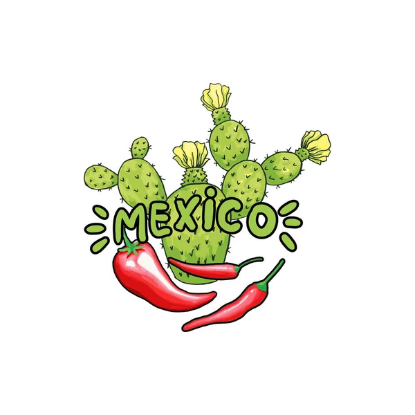 Μεξικό-γράμματα με πράσινα γράμματα και κόκκινο πιπέρι. Μεμονωμένο σχέδιο λογότυπου — Διανυσματικό Αρχείο