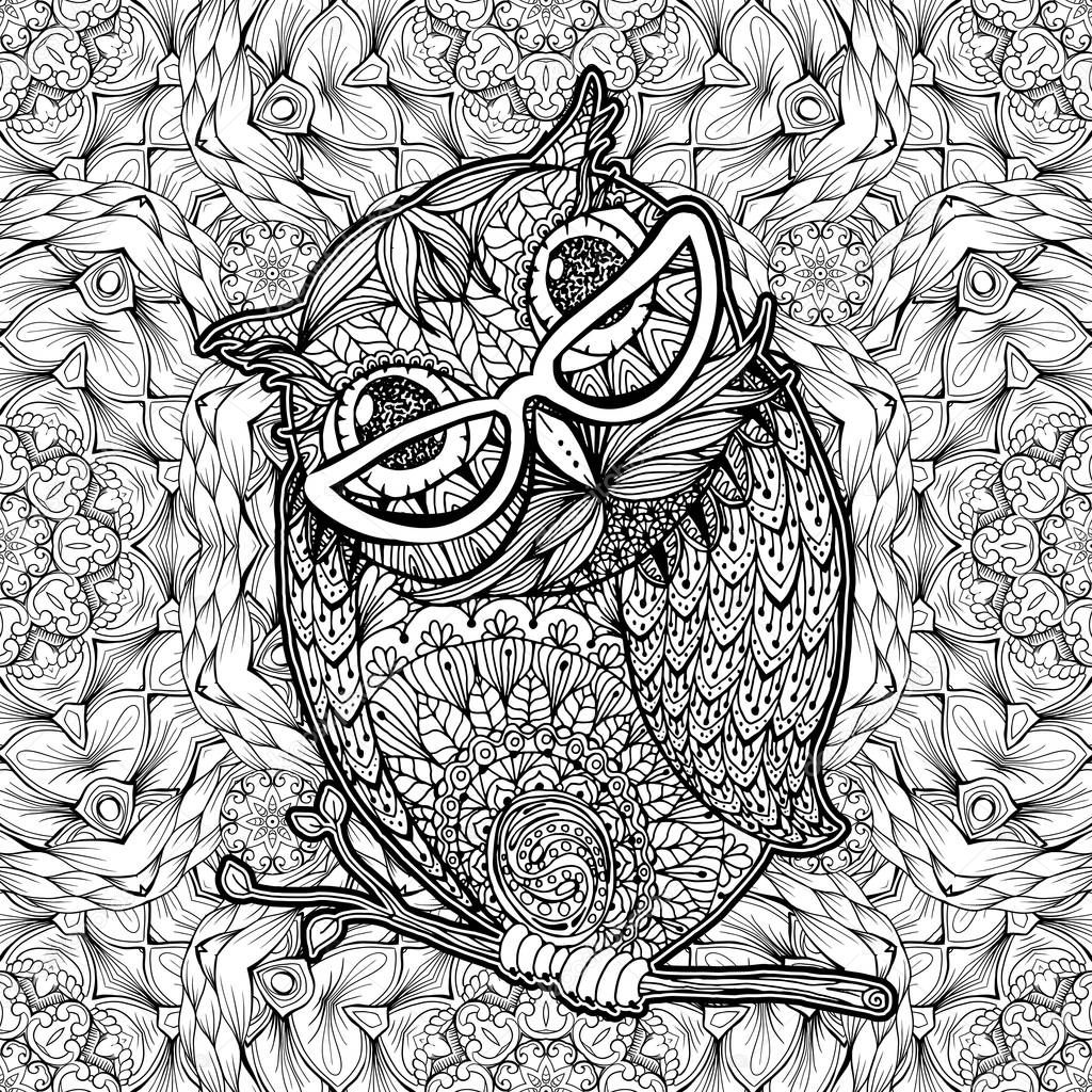 Owl with Glasses Coloring Page Vector Poster