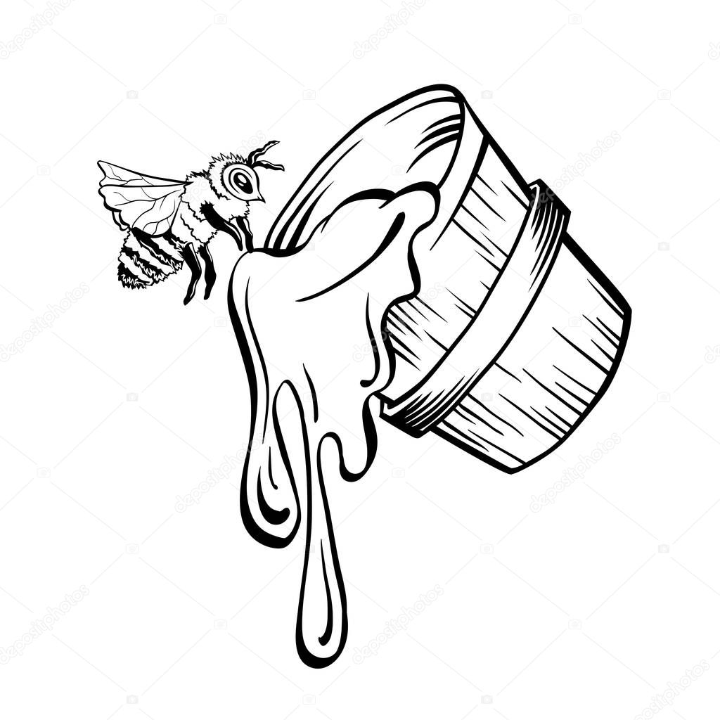Honey Bucket and Bee, Outline Logo Design. Isolated Vector. Black Engraved Element. Vintage Style Illustration of Flying Wasp and Honey Drop