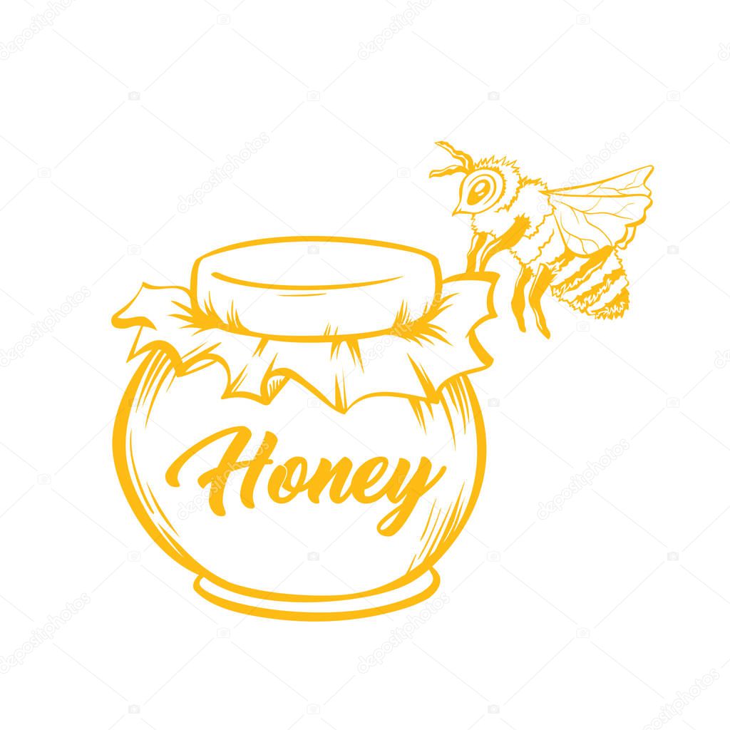 Honey Bee, Outline Logo Design. Isolated Vector. Yellow Engraved Element. Vintage Style Illustration of Flying Wasp