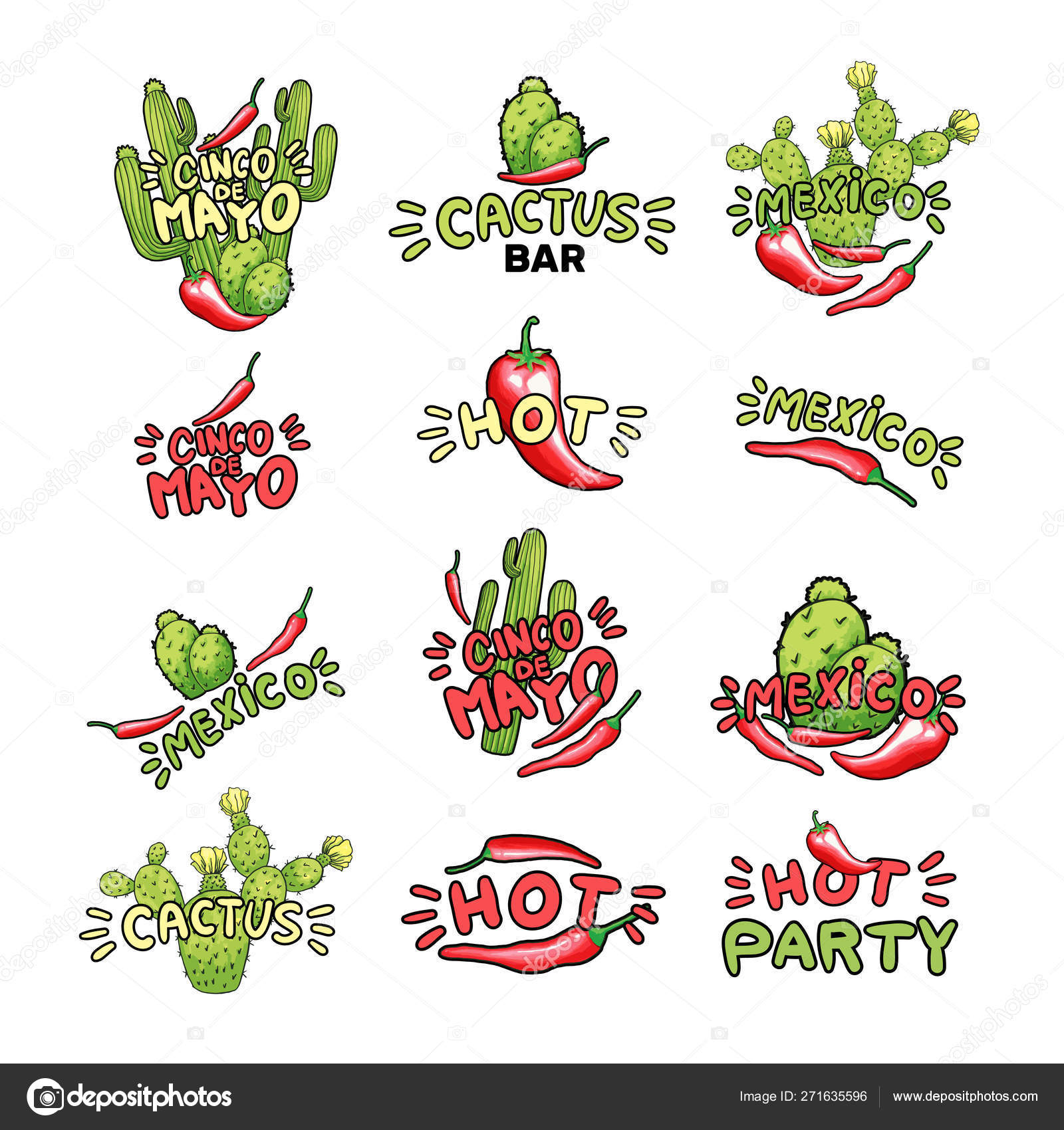 Cactus And Chili Pepper Hand Drawn Illustrations Set Stock Vector Image 