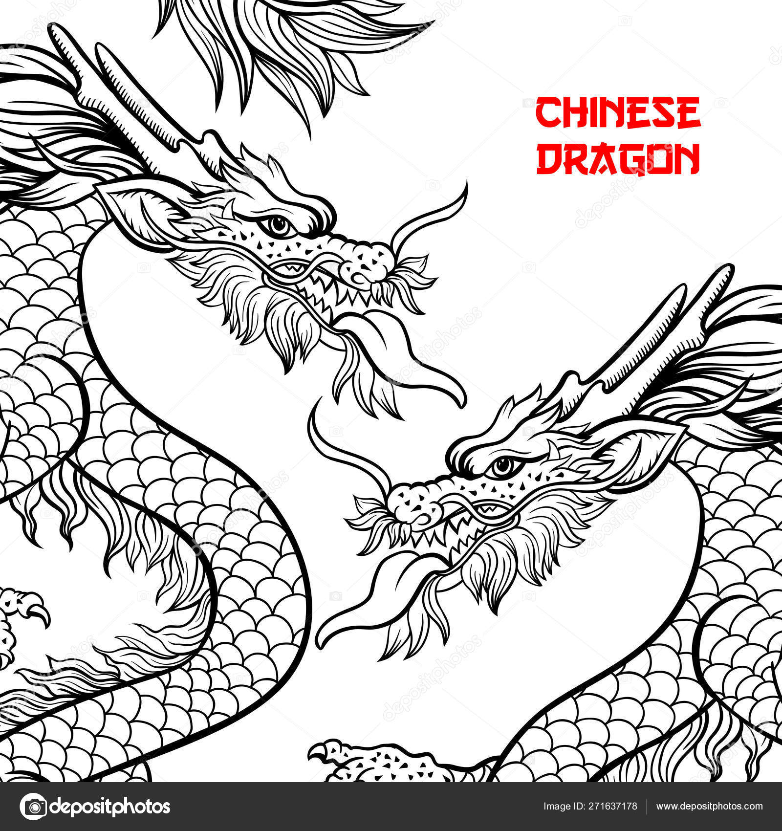 Two Chinese dragons hand drawn contour illustration Stock Illustration