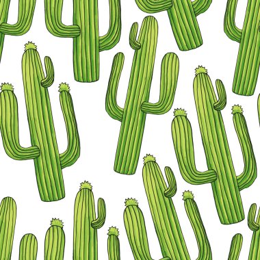 Green cactuses cartoon seamless pattern clipart
