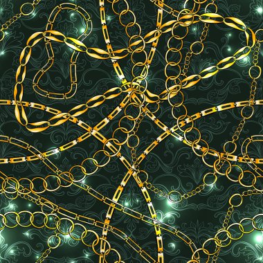 Altın Zincirleri Vintage Takı Dikişsiz Vektör Desen. Moda Sanat Tasarımı için Altın Aksesuar Fon. Dekoratif Trendy Işıklar ve Parlayan.