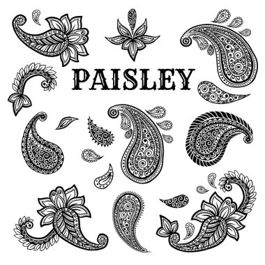 Paisley motifleri mürekkep kalem illüstrasyonlar seti