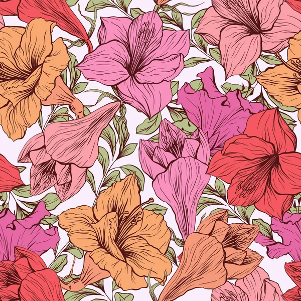 Amaryllis flor patrón floral sin costuras — Archivo Imágenes Vectoriales